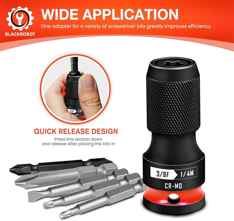 BLACKROBOT 2PCS Quick Release Impact Bit Holders 3/8-Inch Square Drive to 1/4-Inch Hex Socket Adapter, CR-MO Steel, Red - Image 3